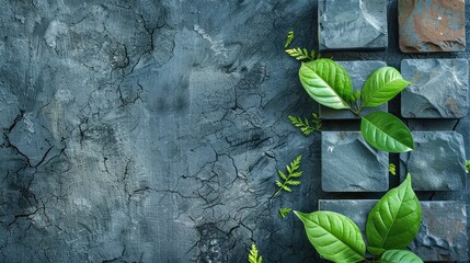 Wall Mural - Green Leaves on Slate Tiles