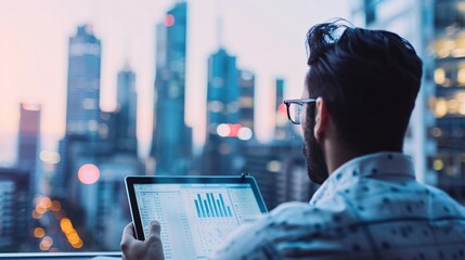 Poster - Documentary style photograph of a portfolio manager reviewing real estate investments, with a modern city skyline in the background