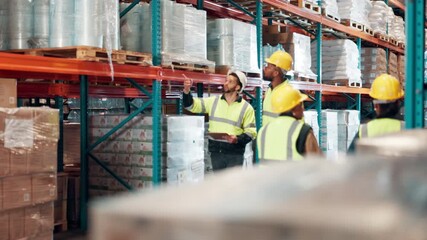 Canvas Print - Logistics, discussion and people in warehouse with tablet for online schedule, inspection or distribution management. Teamwork, planning and men in factory with digital app for supply chain checklist