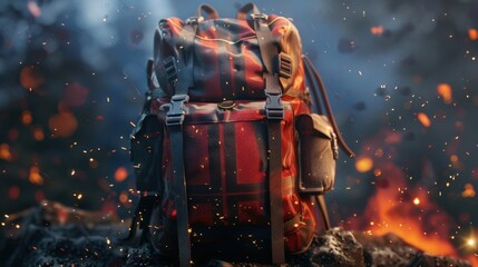 18. Hiking Backpack, realistic style, colors full, stripes pattern, close-up, dramatic lighting, sparks,