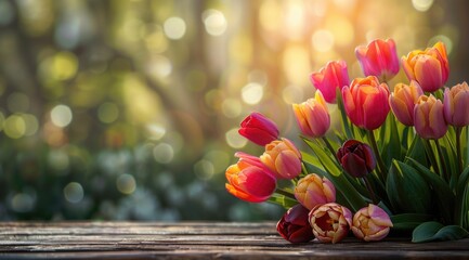 Canvas Print - Colorful tulips on wooden table