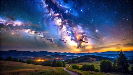 Wall Mural - starry night sky over landscape