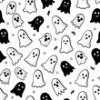 © Farjana Fim - Halloween modern ghost cartoon seamless pattern illustration. Black and white October holiday spirit character background. Scary autumn party wallpaper texture of funny ghosts.