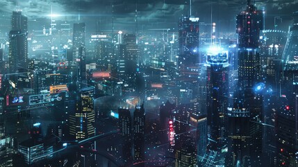 Poster - Futuristic Night Cityscape with Neon Lights