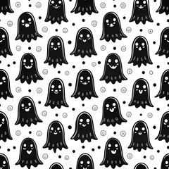 Wall Mural - Halloween modern ghost cartoon seamless pattern illustration. Black and white October holiday spirit character background. Scary autumn party wallpaper texture of funny ghosts. 