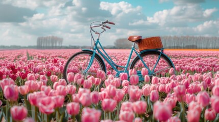 Canvas Print - Bicycle in a field of pink tulips