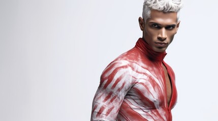  Modern Fashion: Confident Young Man in Red and White Body Paint Outfit with Stylish White Hair