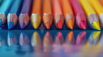 Wall Mural - Color pencils in close up with varied colors on a white surface captured with a macro lens and a very narrow depth of field