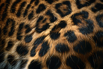 Poster - A detailed texture of leopard fur, showcasing the intricate pattern and natural beauty of its coat. A perfect symmetrical photo, centered, with copy space.