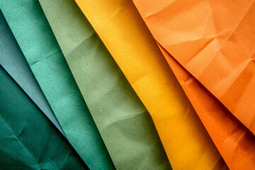 Poster - Photo of abstract background with orange, green, and yellow paper texture. Background for design, presentation, or card. Flat lay top view in the style of various artists.