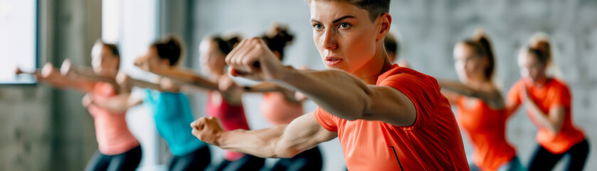 A focused woman performs a punch during a dynamic group workout in a modern gym setting, showcasing strength and determination.