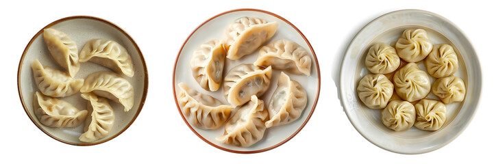 Set of traditional dumpling momos in a plate top vie, perfectly steamed, isolated on a transparent background