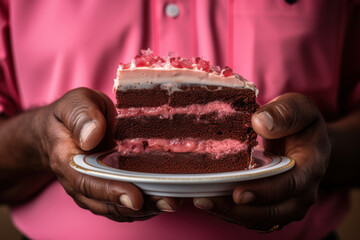 Overweight man's hands holding a slice of chocolate cake