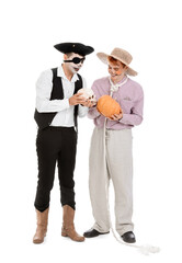 Wall Mural - Young men in costumes for Halloween party on white background