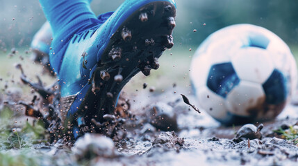 Sticker - Foot wearing blue soccer boot shoes, kicking ball on mud field