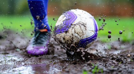 Wall Mural - Foot wearing purple soccer boot shoes, kicking ball on mud field