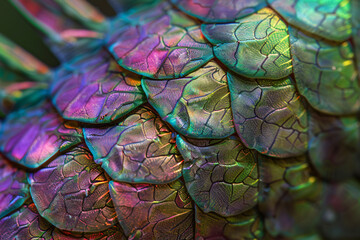 Wall Mural - Close-up of the texture and pattern on an iridescent parrotfish's scales, showing its unique scale structure in green, purple, and pink colors.