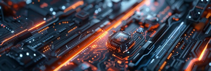 Poster - Futuristic Circuit Board with Illuminated Elements and NextGeneration Components