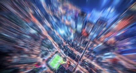 Leinwandbilder - An abstract aerial view of a city at night with blurred lines of light.