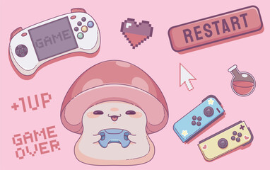 Fototapete - Retro 90s game sticker set. Cute cartoon illustration of vintage videogame console and pixel buttons, icons of heart and arrow pointer, mushroom player character with controller. 1990s aesthetic badge