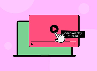 Fototapete - Non-skippable in-stream video ads concept. Short advertising that viewers must watch before or during video. Inbound digital marketing business promotion with online broadcasting vector illustration