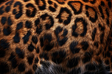 Poster - A detailed texture of leopard fur, showcasing the intricate pattern and natural beauty of its coat. A perfect symmetrical photo, centered, with copy space.