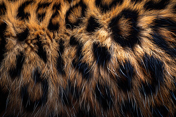 Poster - A detailed texture of leopard fur, showcasing the intricate pattern and natural beauty of its coat. A perfect symmetrical photo, centered, with copy space.