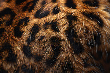 Poster - A detailed texture of leopard fur, showcasing the intricate pattern and natural beauty of its coat. A perfect symmetrical photo, centered, with copy space.