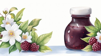 Canvas Print - Delight in a vibrant jar of raspberry jam, adorned with fresh flowers and leaves, beautifully illustrated in watercolor.