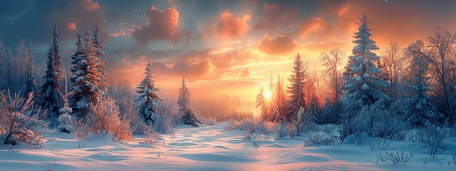 Winter forest scene at sunset with a frozen lake and snow-covered trees under a colorful sky