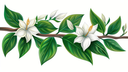 Sticker - Delicate jasmine flowers in full bloom, beautifully illustrated against a crisp white backdrop, showcasing their graceful beauty.