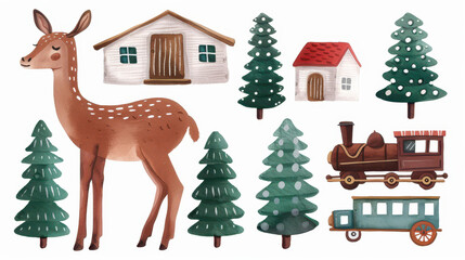 Sticker - Adorable watercolor scene featuring a deer, donkey, rocking horse, and train surrounded by playful trees and a cozy house.