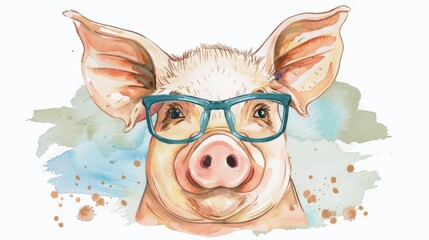 Wall Mural - Adorable pig wearing glasses in a playful pose. This charming watercolor illustration captures its quirky charm