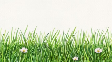 Poster - A serene watercolor scene featuring lush green grass adorned with delicate white flowers, perfect for nature lovers.