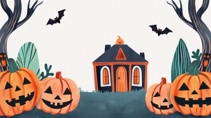 Poster - Dive into the spooky spirit with this haunted house Halloween watercolor, set against a crisp white background.