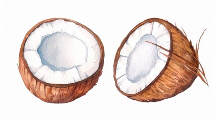 Sticker - Vibrant handpainted coconut art, showcasing a ripe sliced half on a  white background. Perfect for food enthusiasts