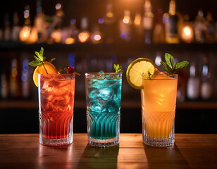 Poster - Variety of cocktails on bar counter in night club. Alcoholic drinks