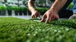 © AkuAku - Close up of a man trimming indoor synthetic turf with empty space for text