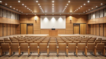 Elegant auditorium with rows of empty chairs, a large wooden podium, and a massive screen, perfect for corporate events, conferences, and presentations.