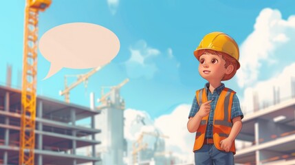 Young boy in hardhat and safety vest at construction site.