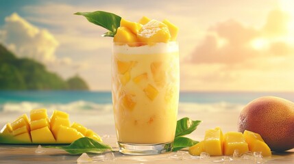 Wall Mural - Enjoy a blend of sweet mango and cooling yogurt in a refreshing smoothie. The icy blend is served in a glass decorated with leaves, against the backdrop of a beautiful seascape.