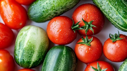 Wall Mural - Fresh cucumbers and tomatoes captured up close, set against a white backdrop