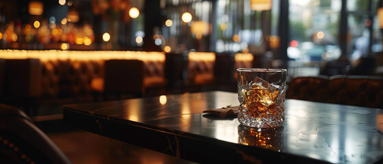 Wall Mural - a empty table with a glass of whiskey, on dark elegant restaurant background