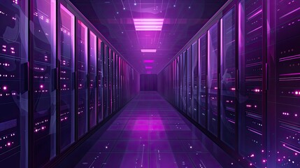 Poster - A Narrow Server Room Corridor Lit with Pink Neon Lights