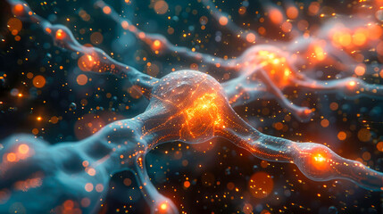 Poster - Abstract depiction of glowing DNA strands with vibrant blue and red colors on a blurred background. Concept of genetics and molecular science