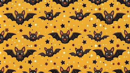 Wall Mural - Halloween pattern with a cute bat in the night sky for party decoration. Funny October night gold seamless modern background