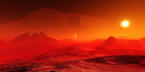 Wall Mural - Mars at sunset, panorama of Mars, alien landscape, a panorama of a surface of another planet, 3D rendering