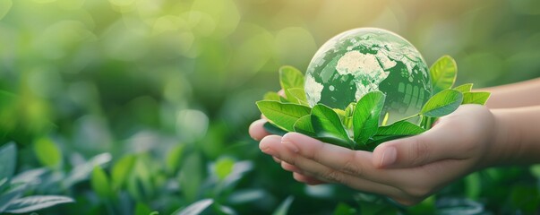 Poster - Hands holding a small globe surrounded by green leaves, symbolizing the global impact of sustainable investments. The image includes clear copy space for inserting messages about green finance.