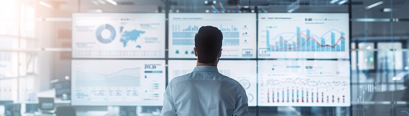 Poster - A business professional stands in front of a whiteboard filled with graphs and charts related to sustainable investments, offering a clean area for text or branding.