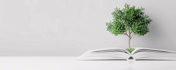 Poster - An open book with pages forming a tree, representing the knowledge and growth associated with sustainable investments. The image includes sufficient copy space for messages.